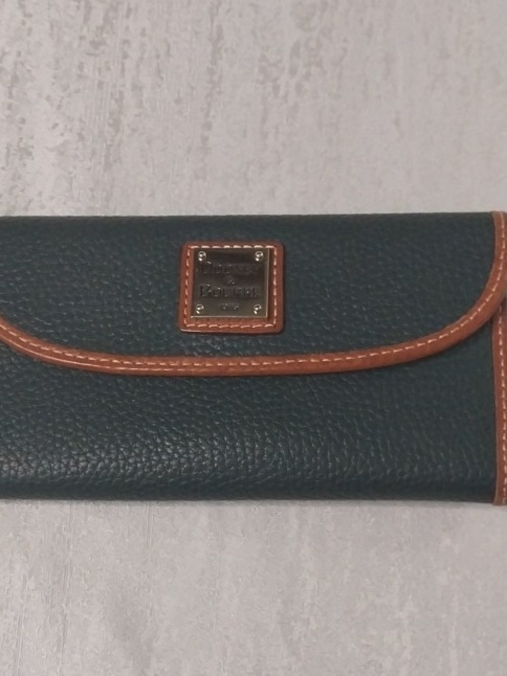Dooney & Bourke Pebble Leather Trifold Wallet - Dark Green with Brown Trim